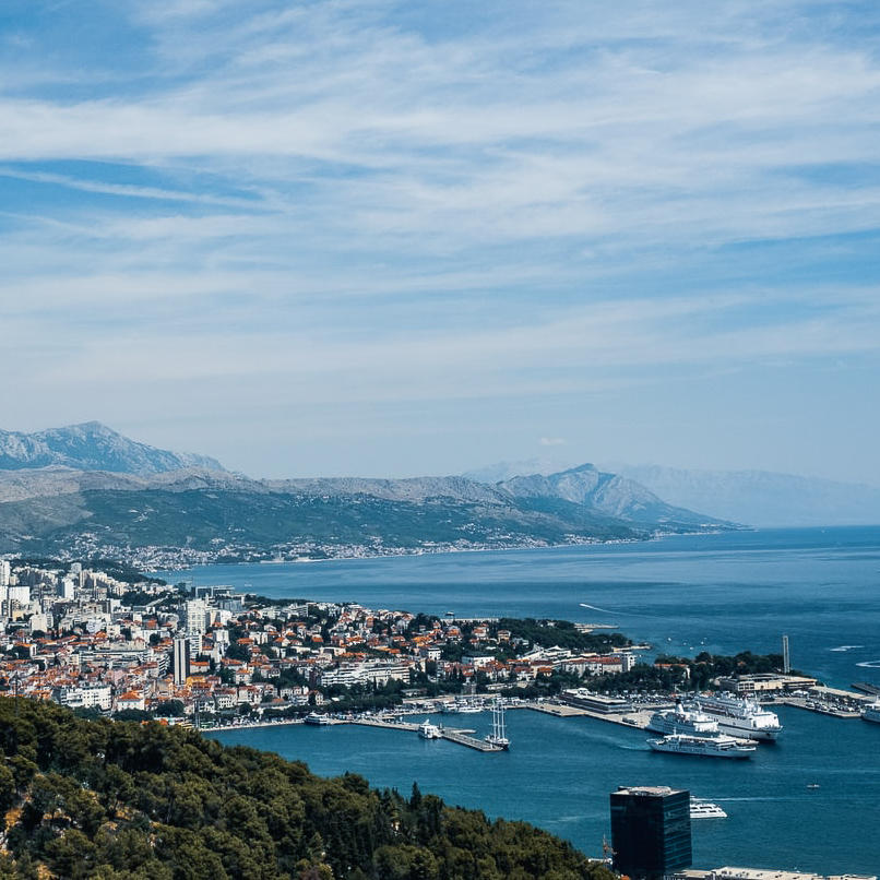 View of the ocean and mountains in Croatia